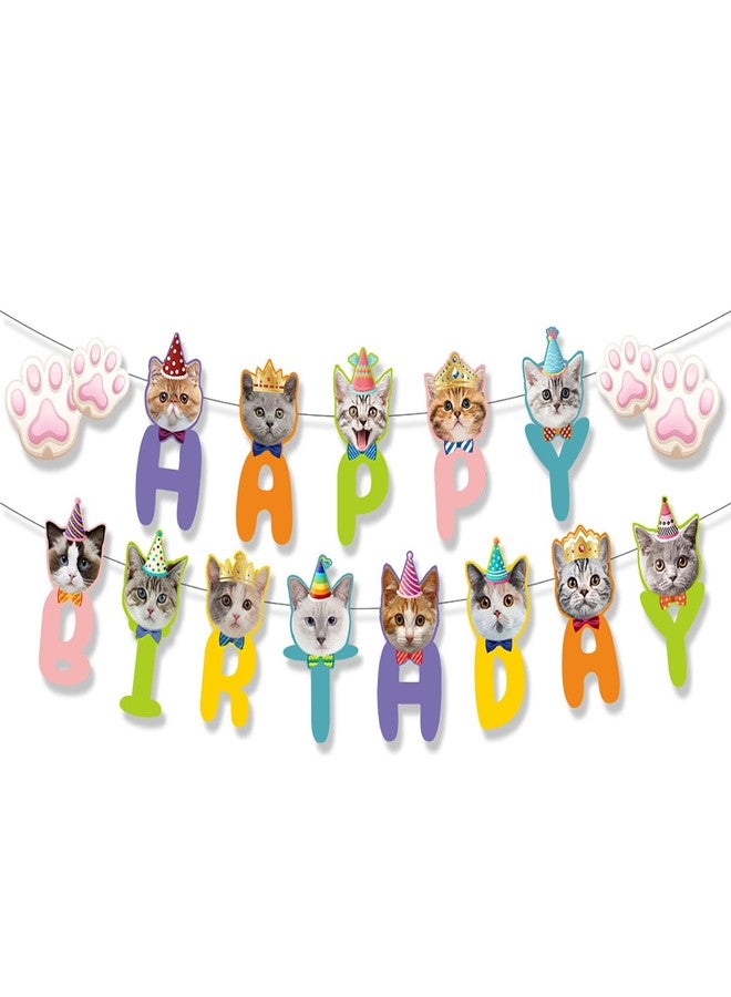 BIEUFBJI Cat Themed Birthday Banner - Cat Face and Paw Print Happy Birthday Decor, for Boys, Girls, Kids, Adults and Pets - Image 1